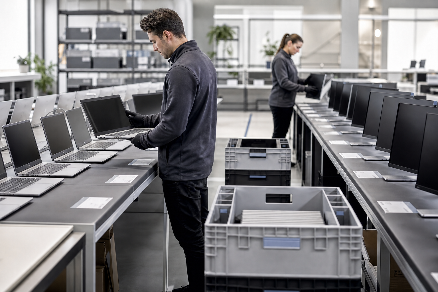 Business laptops and monitors being assessed in an organised IT asset facility