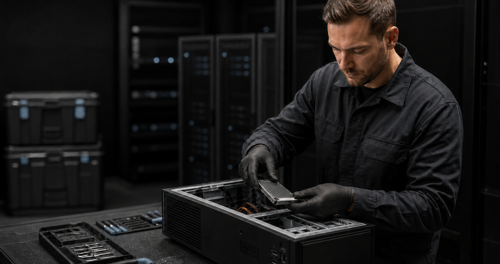 A technician securely handling a storage drive from retired business computer equipment